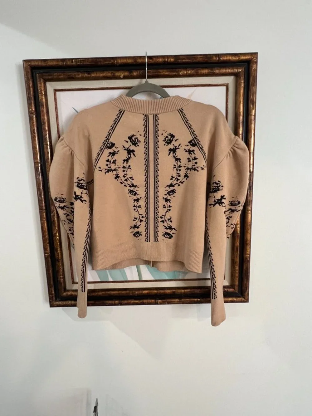 Anthropologie Embroidered Cardigan XS | Tan Floral Knit | Feminine Puff Sleeve - Picture 8 of 15
